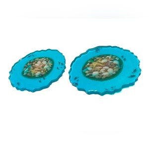 🌊🐚🎉 Set of 2 Sand & Seashells Beach Island Coasters Handmade  SALE